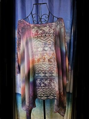 ONE WORLD Live and Let Live       Sheer Muticolor Ombre Tunic in Purple and Blue